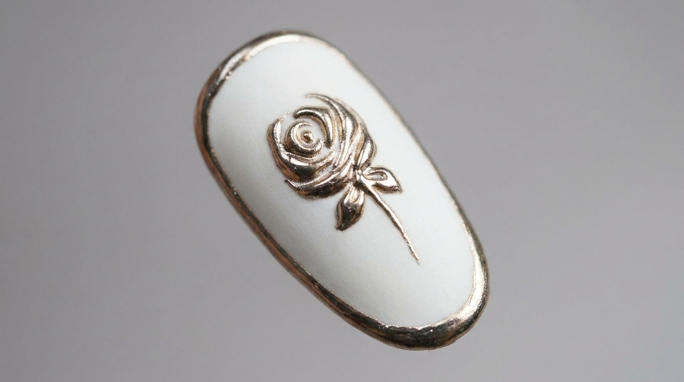An elegant almond-shaped nail featuring a crisp matte white base with a detailed, raised 3D gold chrome rose design.