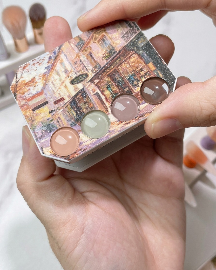 A detail nail art brush applying a sheer nude gel polish to the free edge of a natural nail.