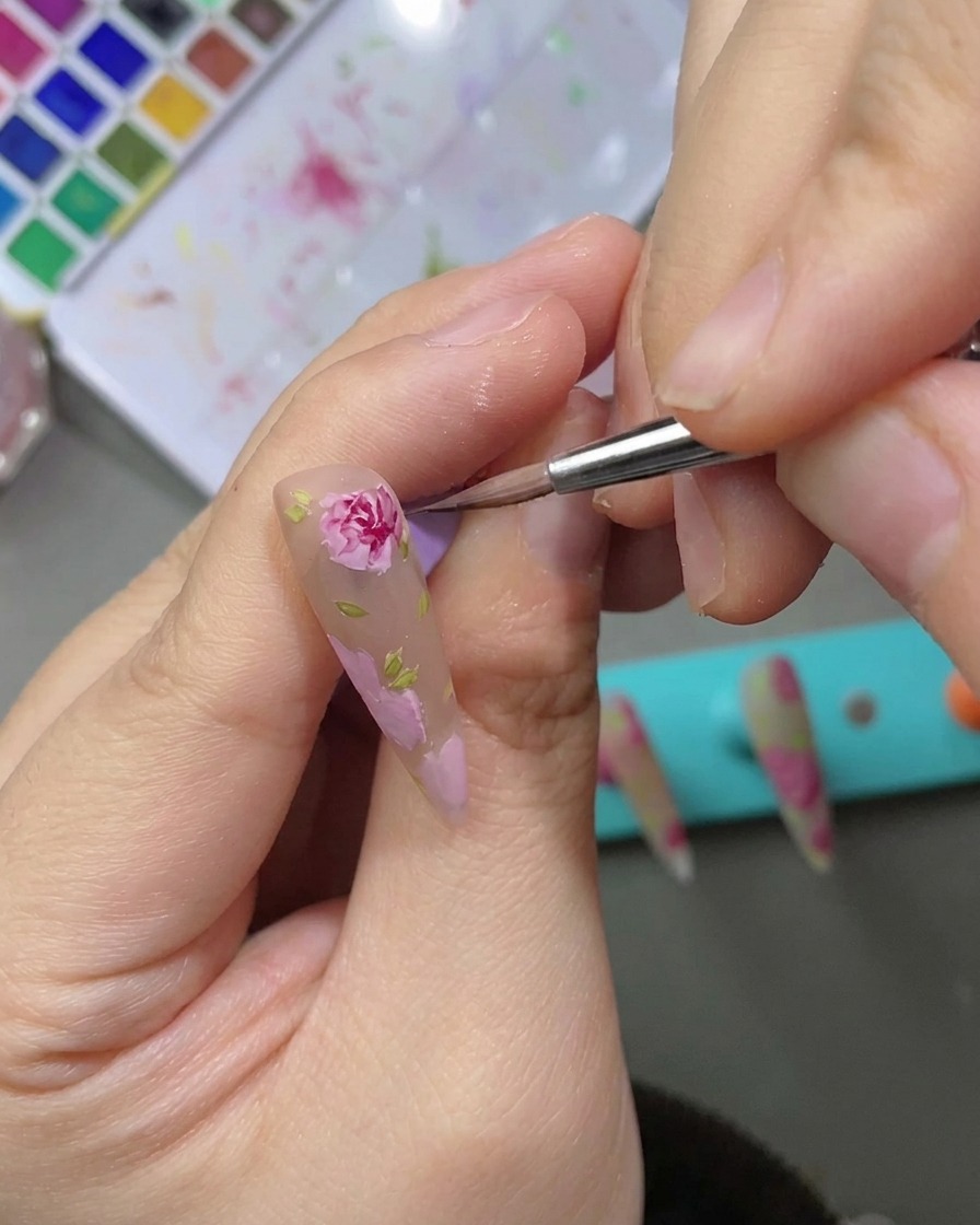 A close-up shot of a nail art rose design being enhanced with deeper red watercolor shading for a more dimensional effect.