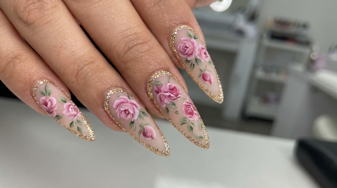 Matte Rose Nail Art with Platinum Edging — Romantic Stiletto Tutorial