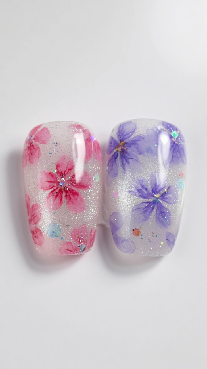 Ice-translucent cat eye nails featuring hand-painted watercolor cherry blossoms in pink and purple tones.