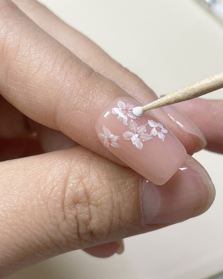 Detail brush painting a second, staggered layer of white petals over the first.