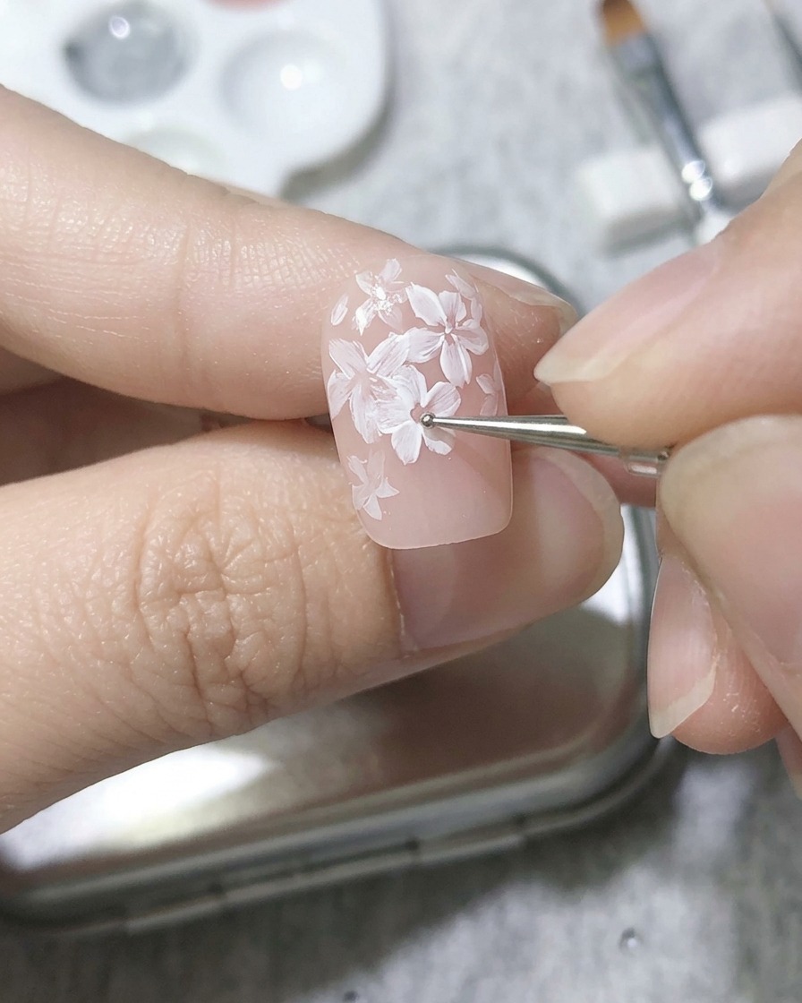 A dotting tool placing pink gel in the center of the second petal layer.