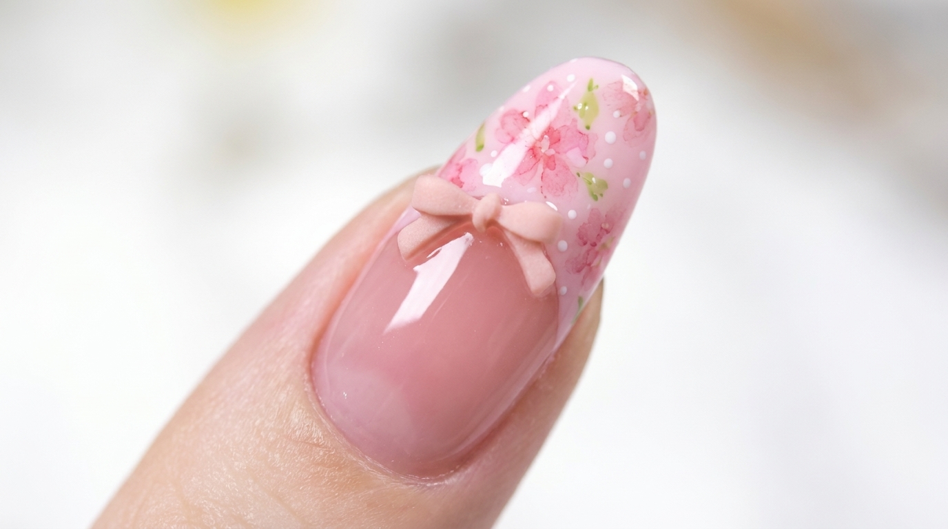 Spring Cherry Blossom Floral French Tip with 3D Bow Tutorial