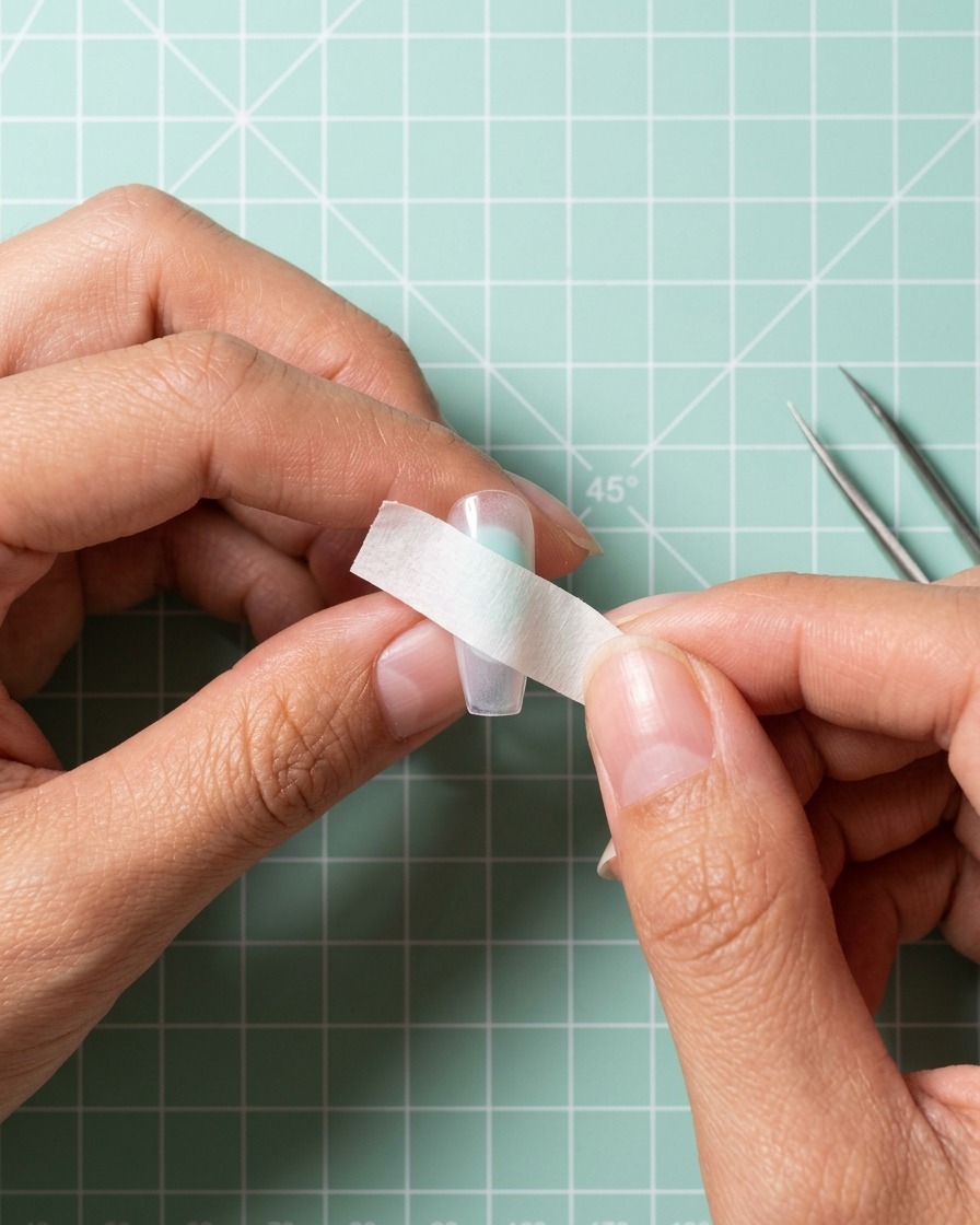 Close-up of fingers applying a strip of adhesive tape horizontally across a clear nail tip.