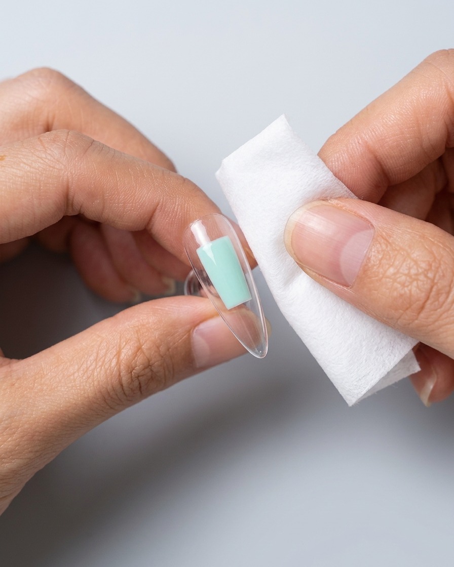 Tweezers pulling a piece of masking tape off a clear nail, exposing a sharp color transition.