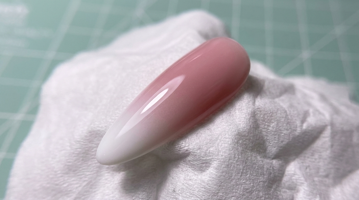 A close-up view of a finished nail with a soft gradient transition from white at the tip to a dusty rose pink at the cuticle.