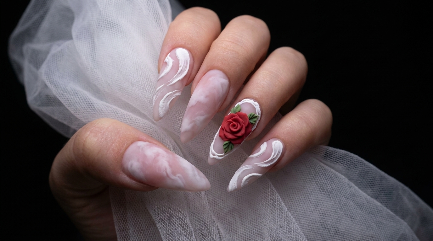 White Matte Plaster Gel Rose & 3D Swirls — Step-by-Step Nail Tutorial