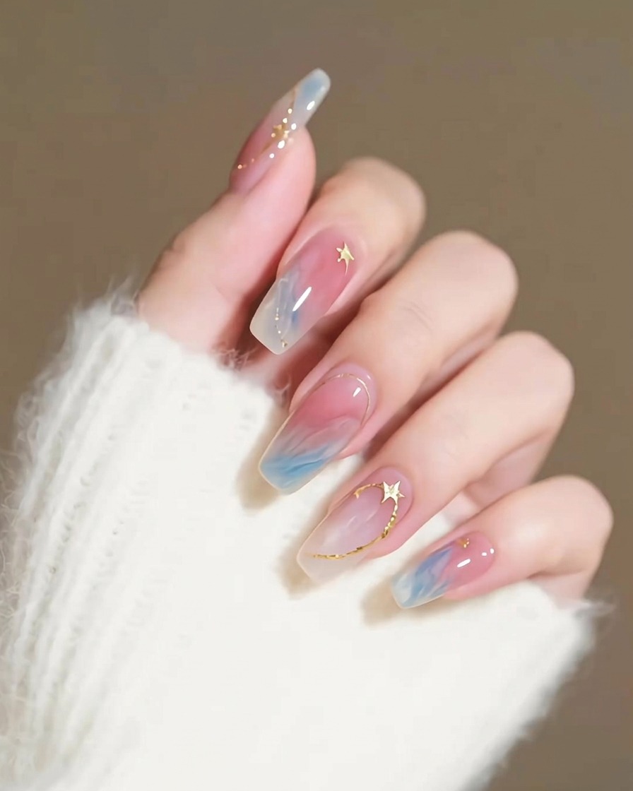 A hand resting inside a professional LED nail lamp, with blue-tinted nails visible.