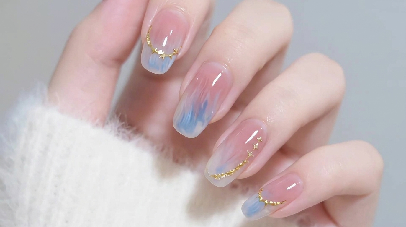 Blue Watercolor Gradient Nails with Gold Stars — Step-by-Step Tutorial