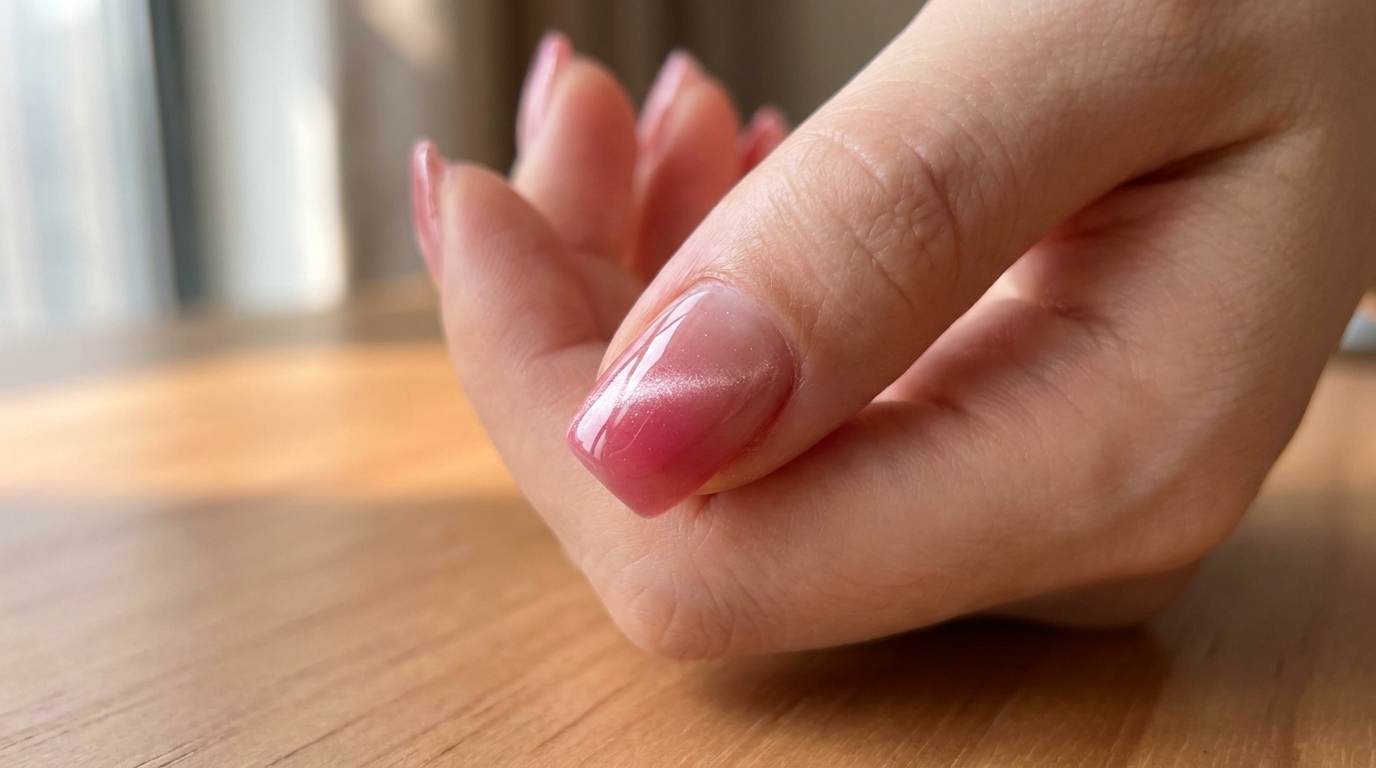 A glossy, tulip pink gradient nail featuring a subtle, diagonal cat-eye shimmer.