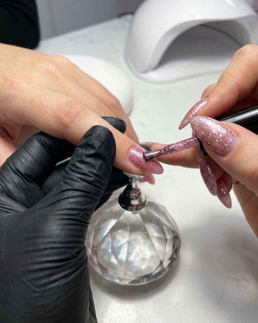 A detail brush applying pink crushed diamond gel to a nail, creating a gradient from the cuticle to the tip.