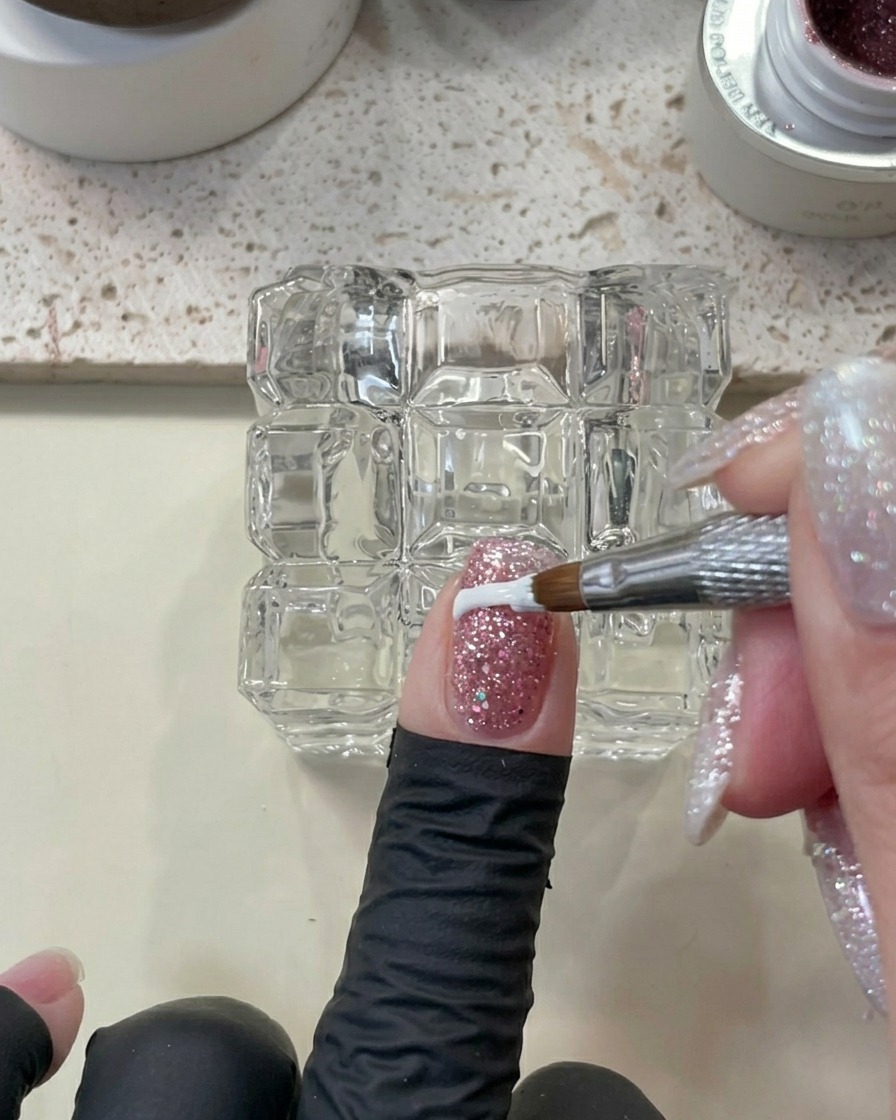 A close-up view of a finger with glitter gel being cleaned with a tool, ready for the curing process.