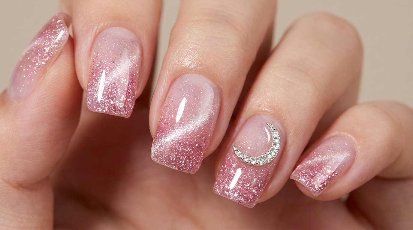 Pink Crushed Diamond Glass Bead Cat Eye Nails — Step-by-Step Tutorial