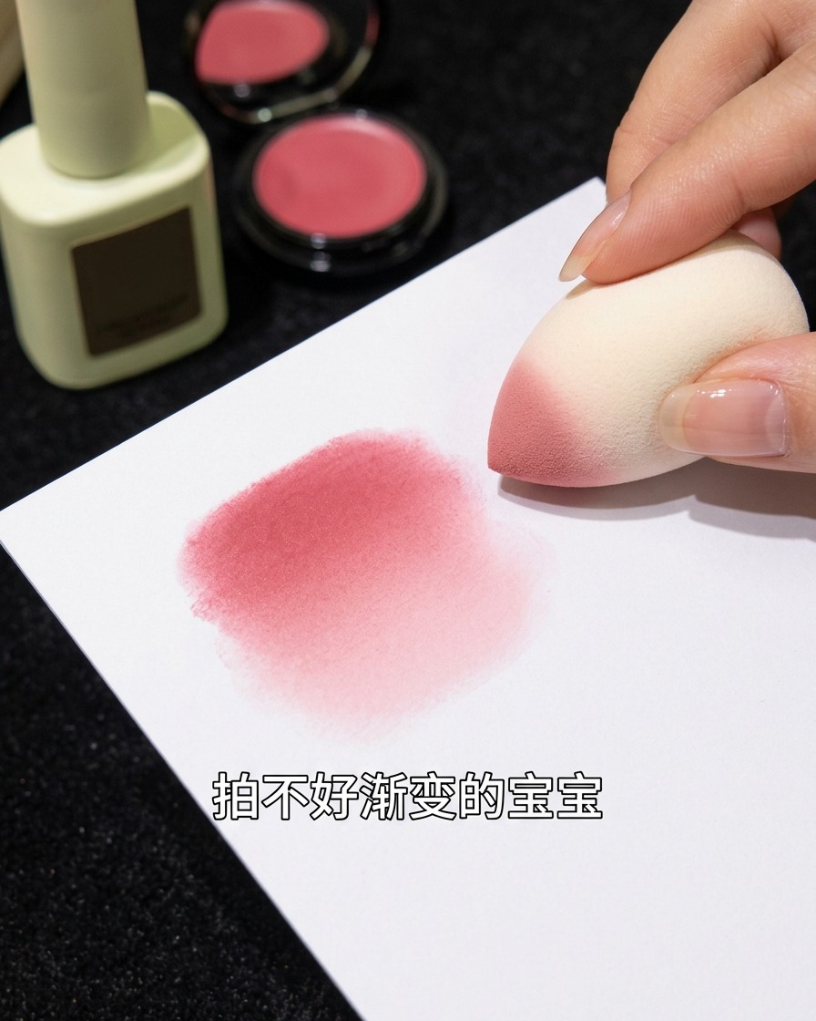 A makeup sponge dabbing pink gel onto a white surface to test the gradient effect.