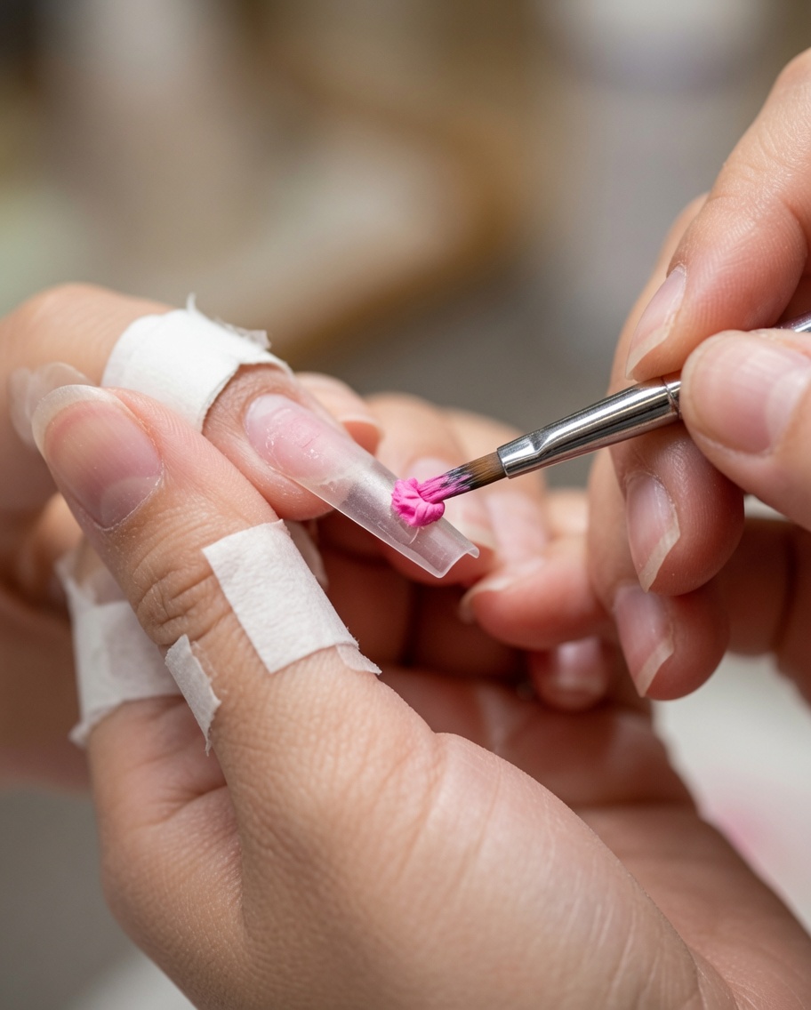 A fine detail brush applying pink gel to the tip of a clear extension nail.