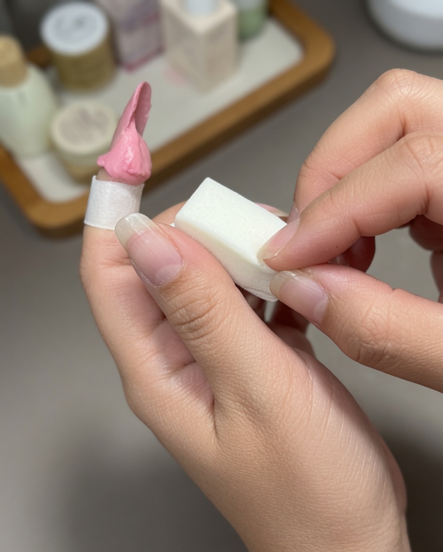 A small square sponge block patting pink gel on a nail to create a gradient effect.