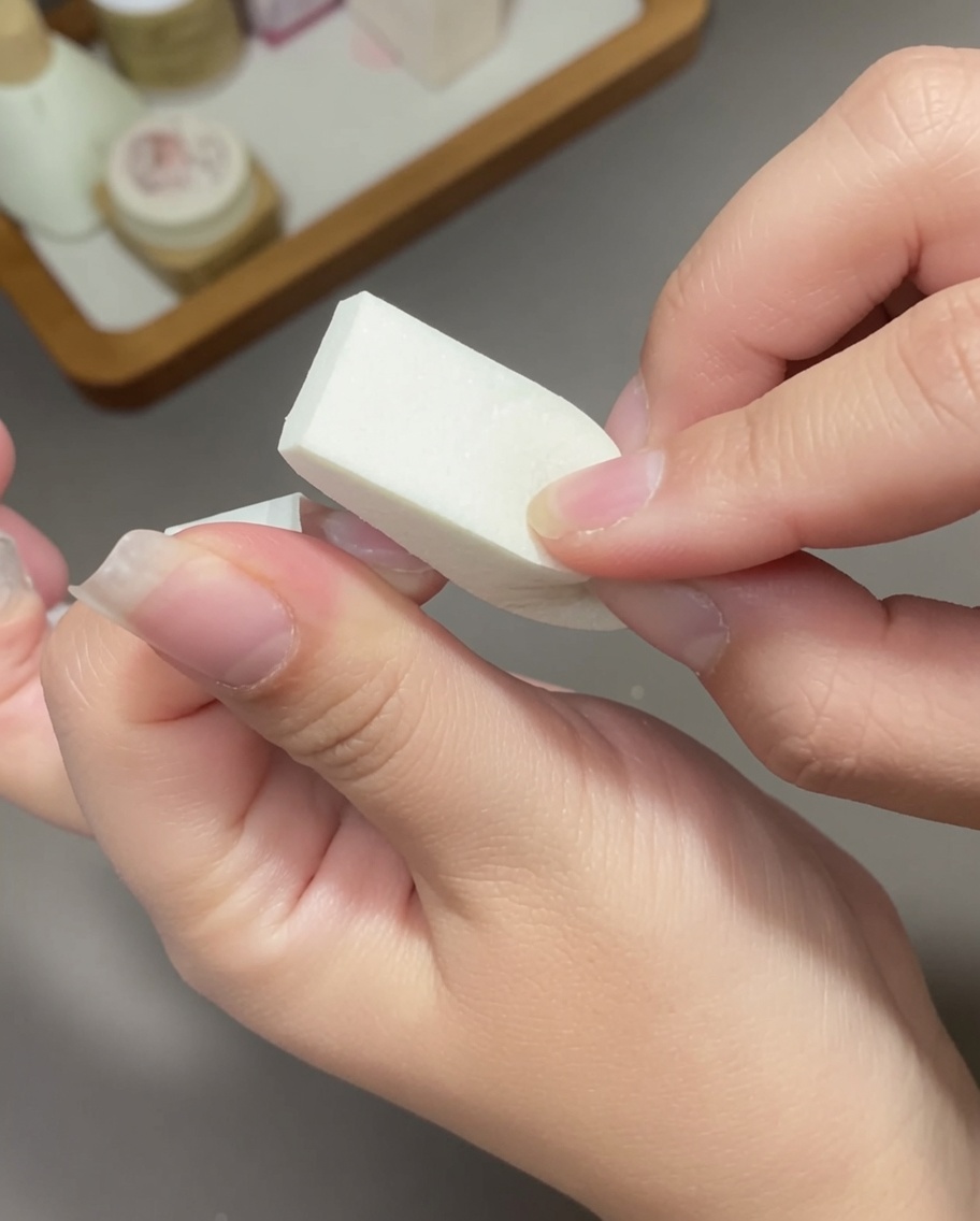 A square sponge block patting a second layer of pink gel at the tip of the nail to deepen the gradient.