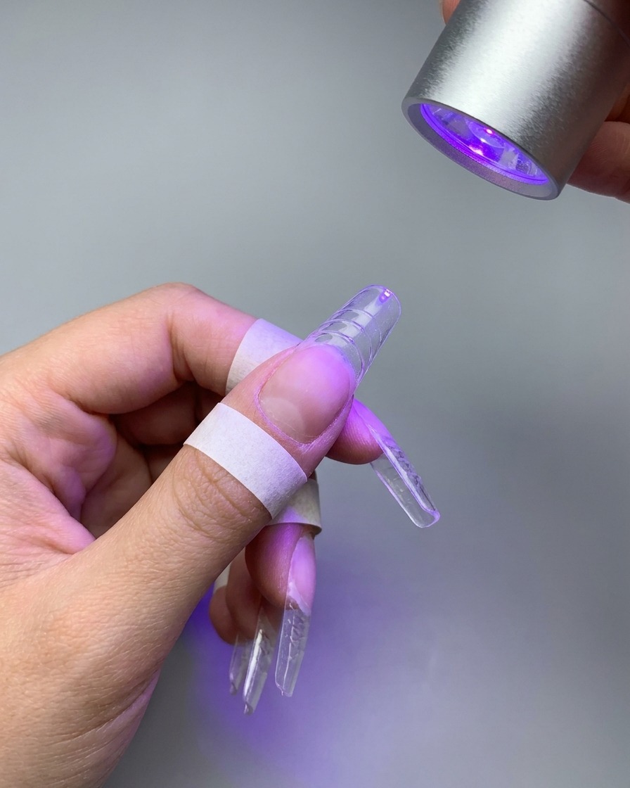 A silver mini UV/LED lamp shining purple light over a nail to cure a pink gradient.
