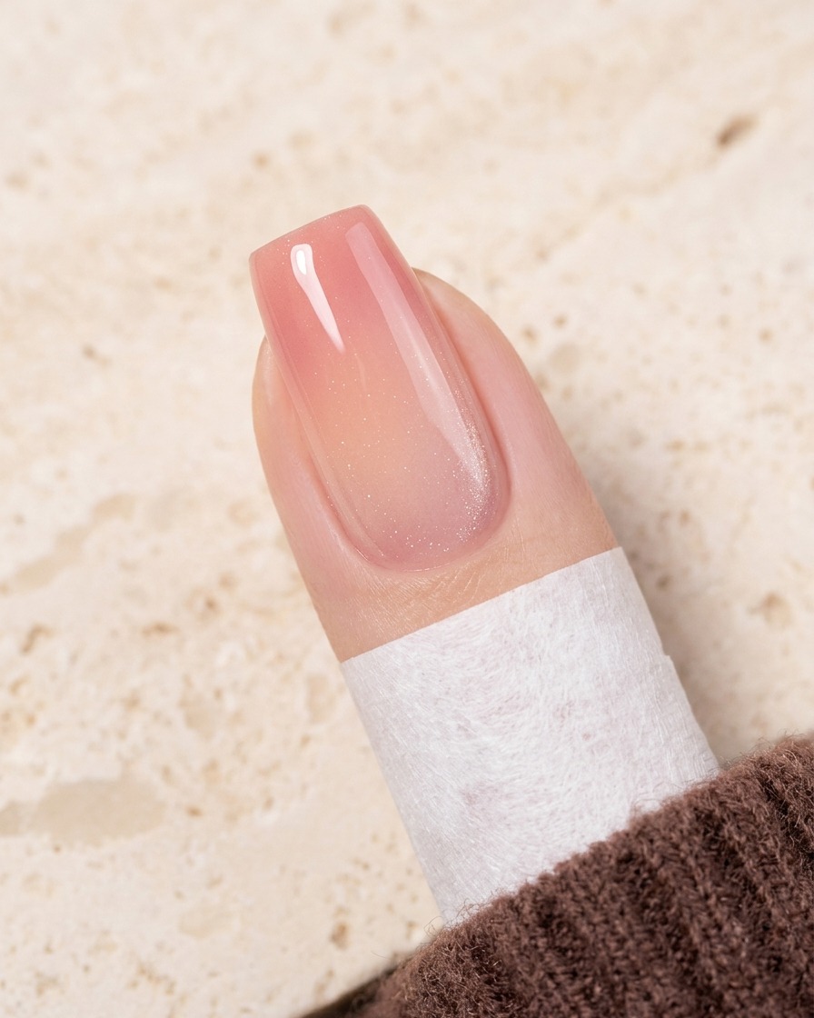 A brush blending peach gel from the nail tip upward to create a soft ombre gradient.
