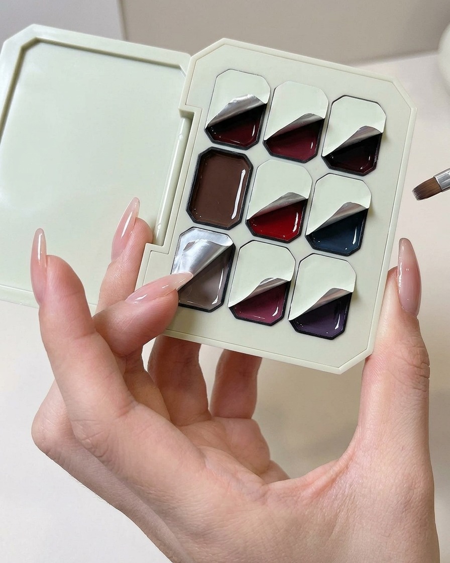 A wedge sponge being pressed into a light purple solid gel palette.