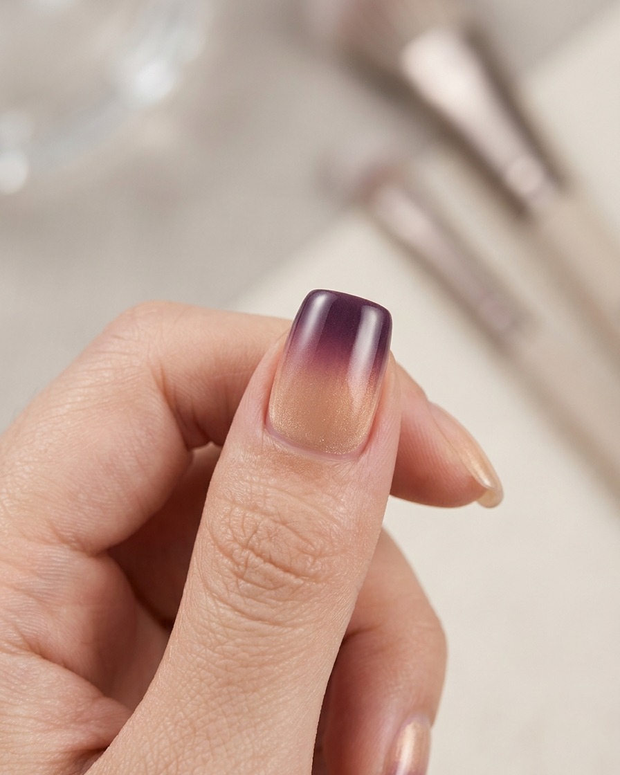 A hand holding a small, portable nail lamp over a finger to cure the gel polish.