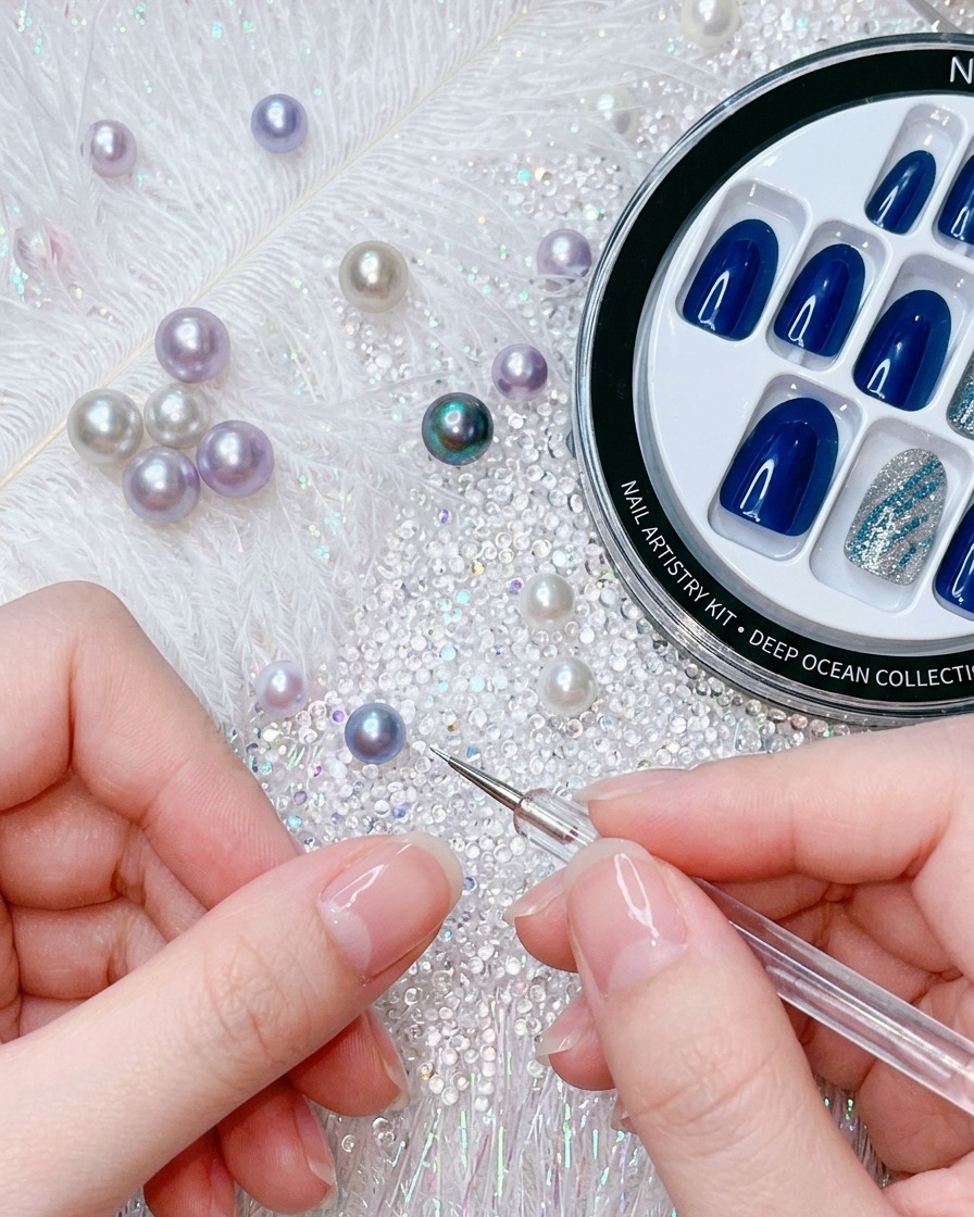 A close-up showing an electric blue press-on nail being aligned with the cuticle of a natural nail.