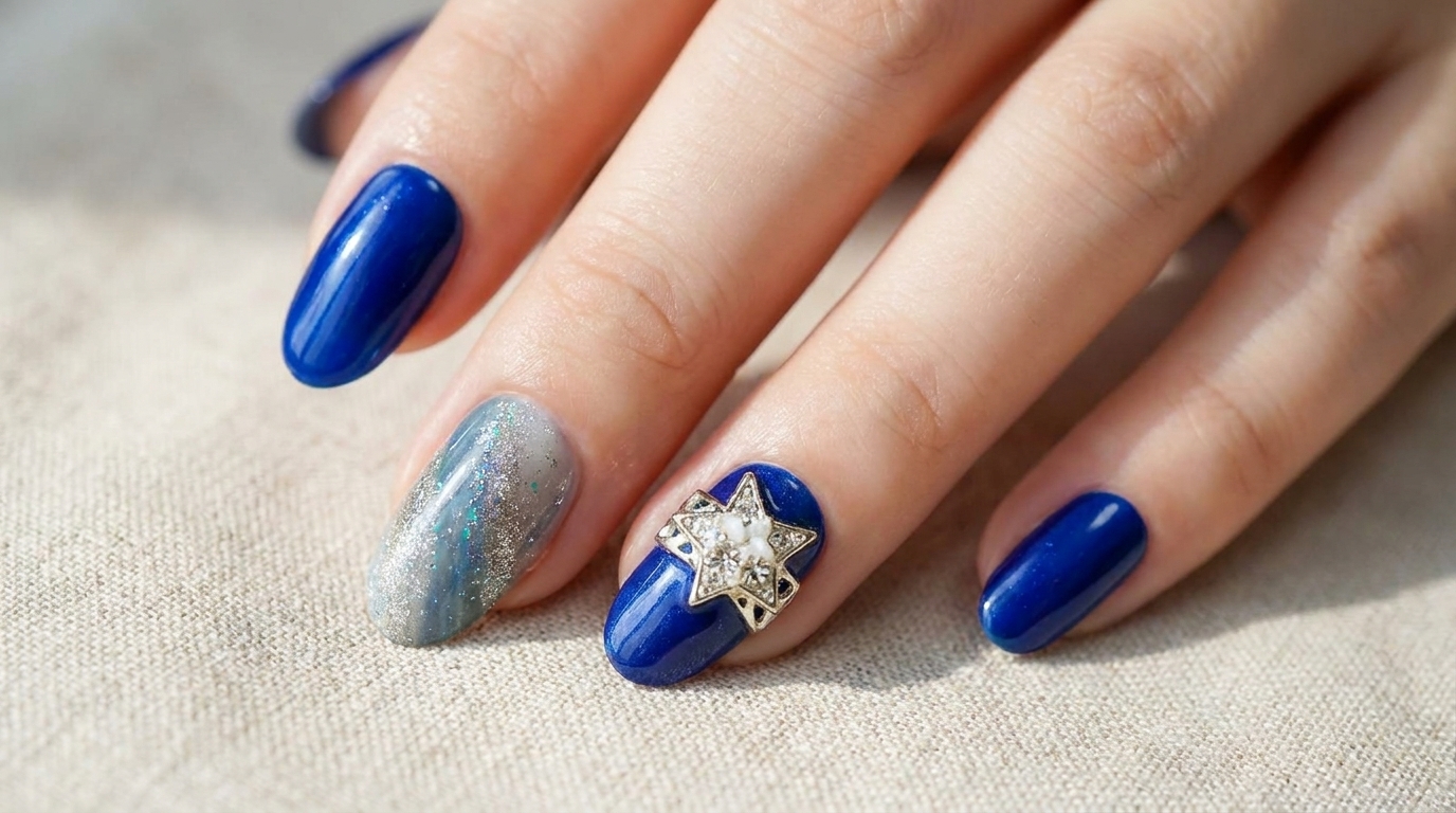 Finished electric blue press-on manicure featuring a silver star embellishment and a glitter gradient accent nail.
