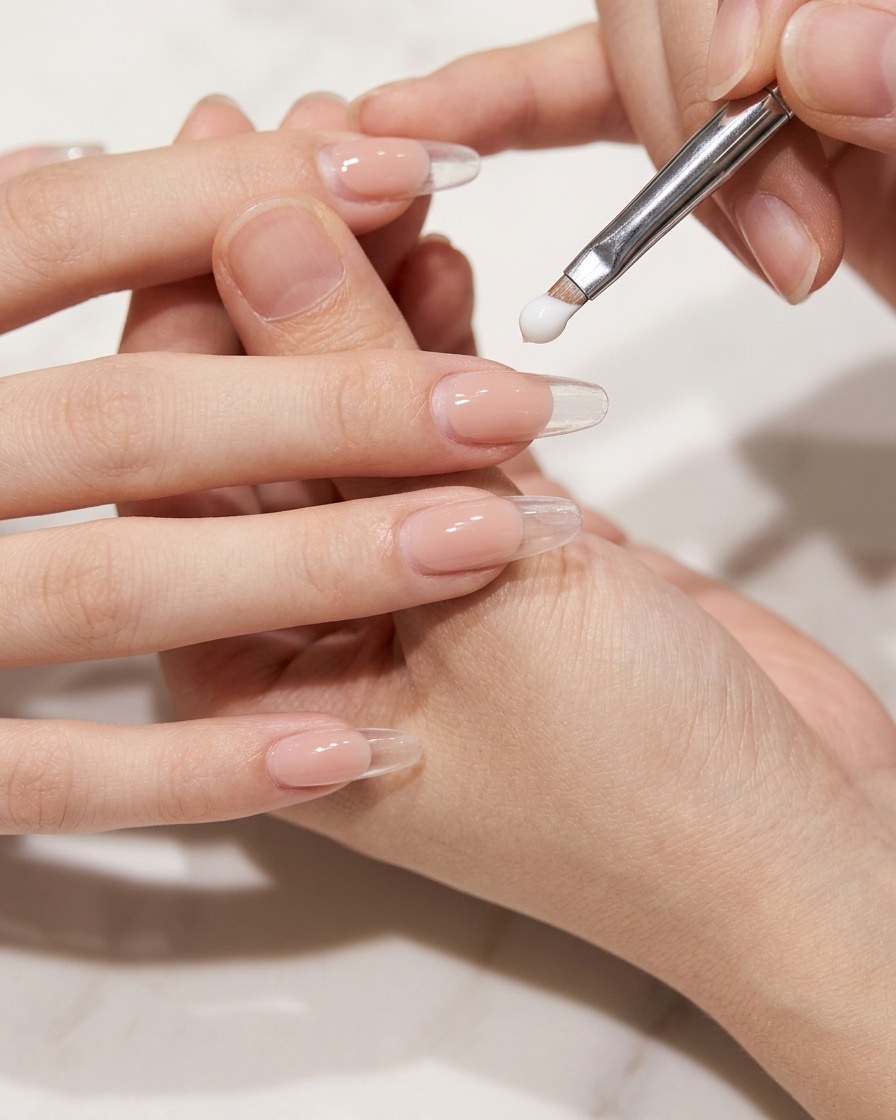 A lint-free wipe being used to clean the surface of a manicured nail.