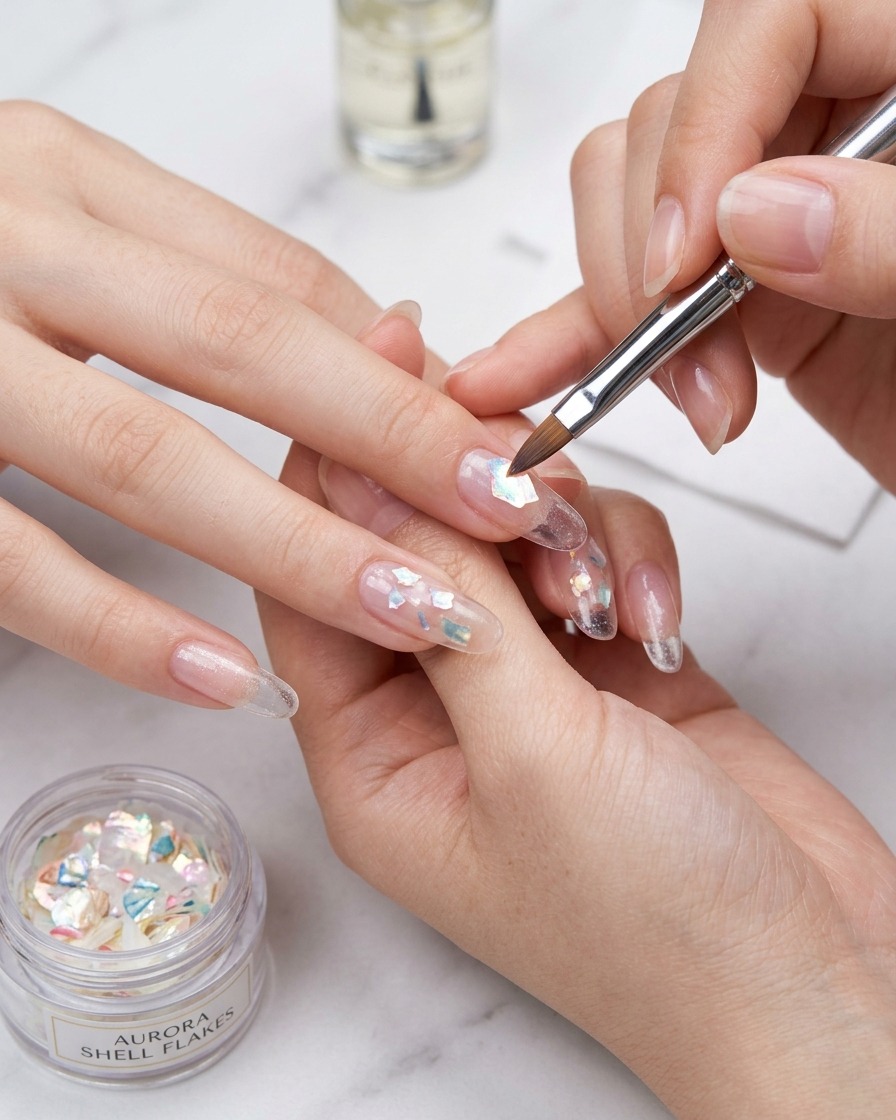 A hand positioned under a compact UV lamp to cure the nail design.