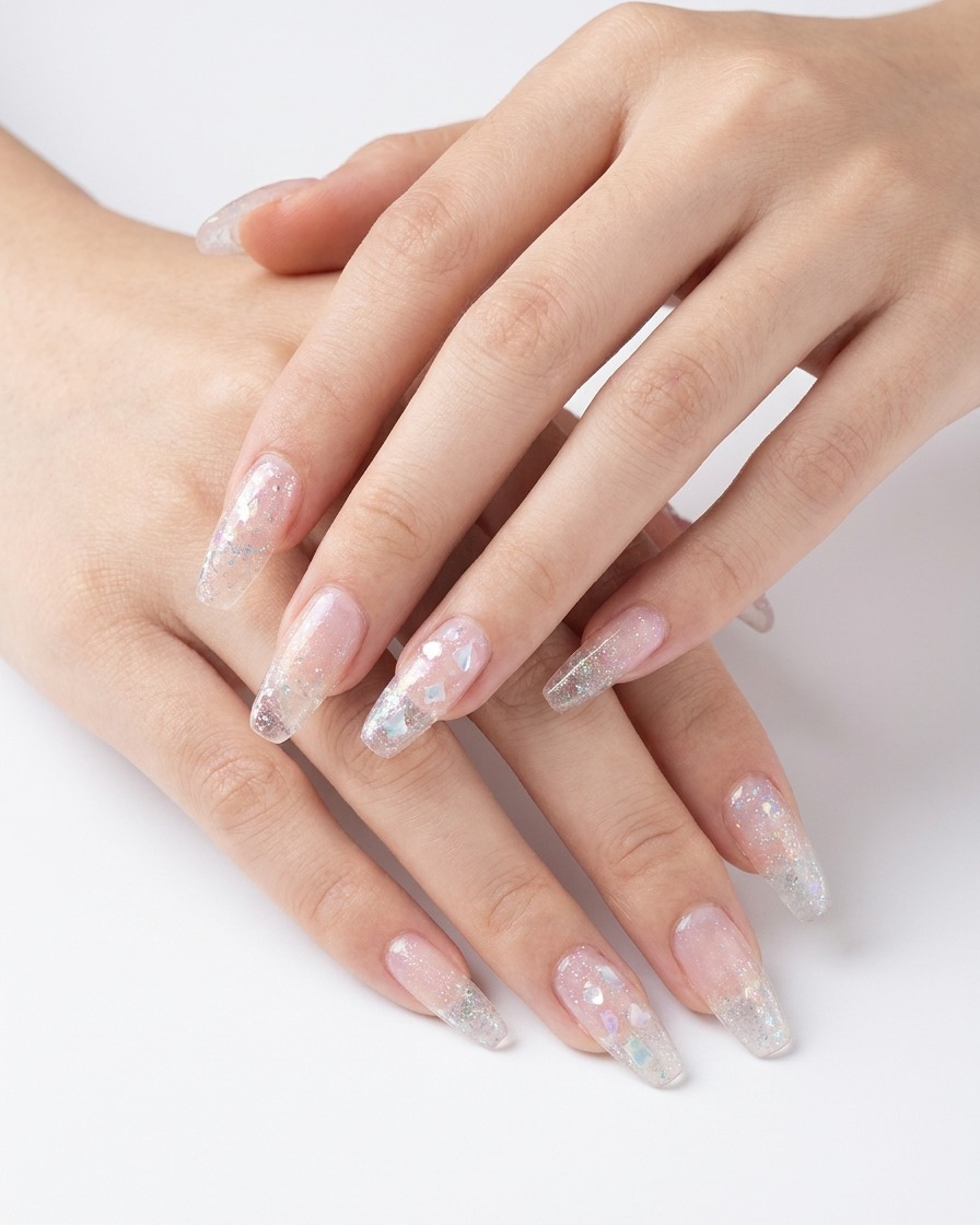A close-up of a nail with iridescent shell flakes being carefully placed into a wet layer of clear gel.