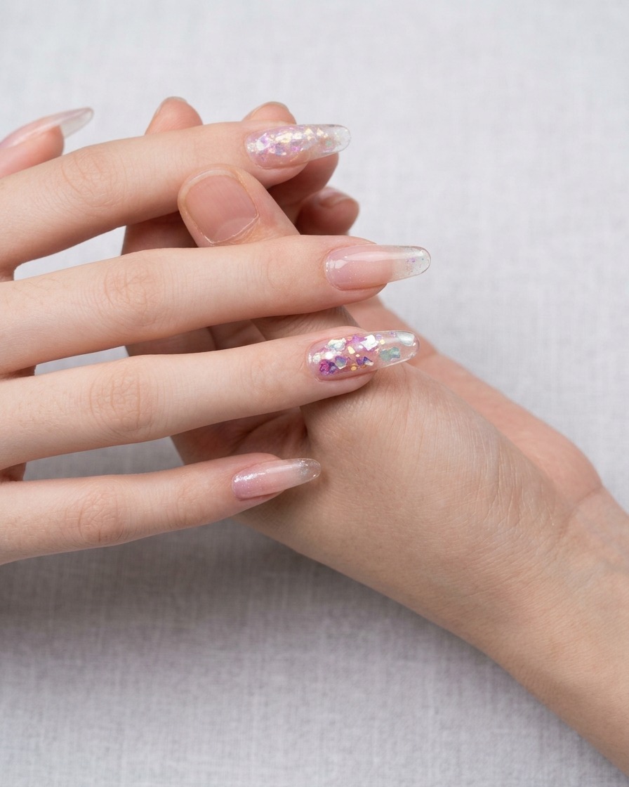 A hand positioned under a portable mini UV lamp with a nail featuring embedded shell flakes.