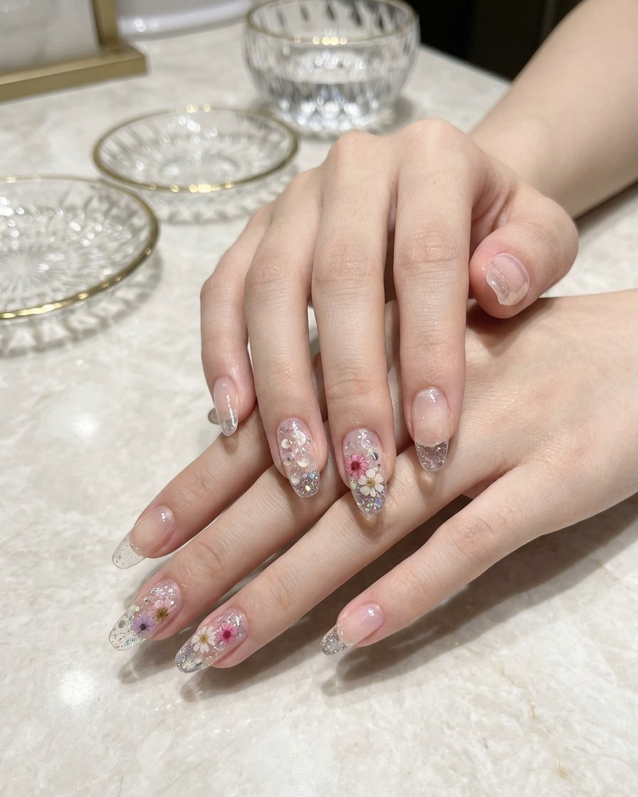 A hand curing under a professional-grade UV lamp, with the gel appearing set and shiny.