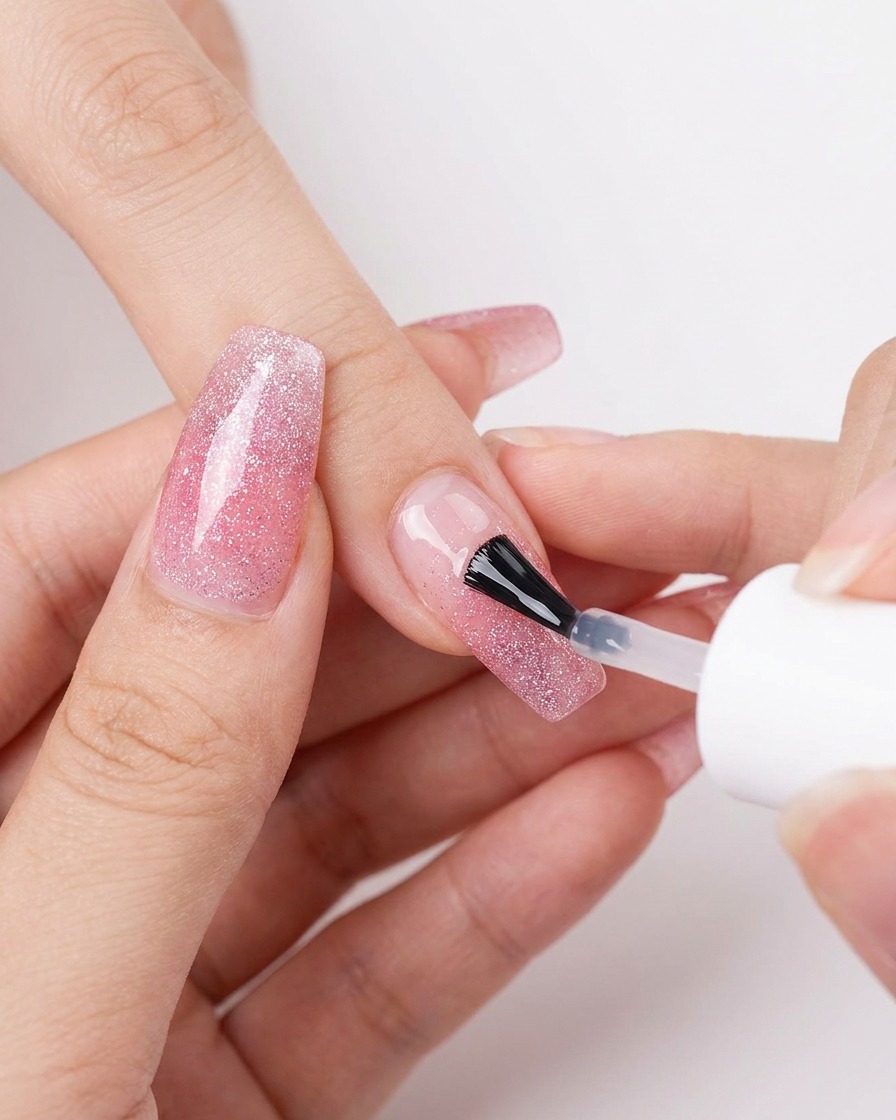A brush applying a clear, non-wipe top coat over a pink and white gradient nail.