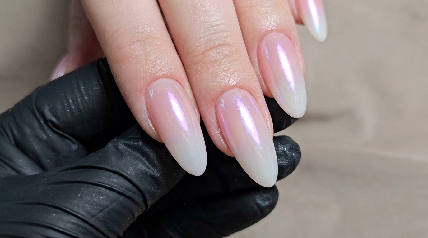 A close-up view of five manicured nails featuring a soft, milky pink-to-white gradient with a smooth, pearlescent chrome finish.