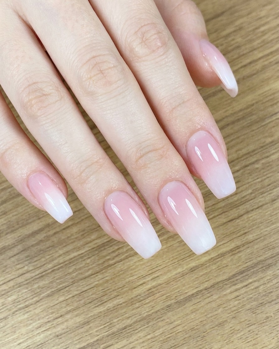 A detail brush gently blending the white polish tip into the nude base.