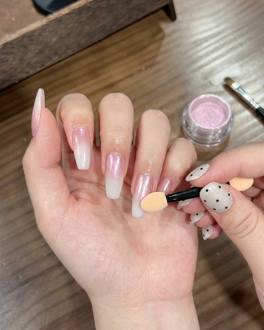 A close-up of a hand using an eyeshadow applicator to buff iridescent pink chrome powder onto a white gradient nail.