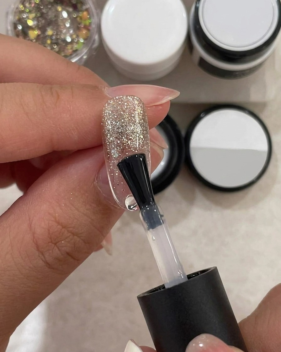 A brush applying a clear, thicker viscosity structure gel over the glitter-covered nail.
