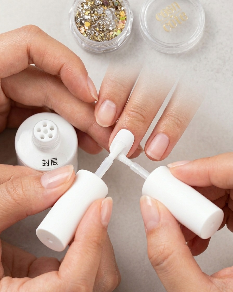 A close-up view of a hand using a small makeup sponge to gently tap and blur the line between the milky white gel and the clear base.