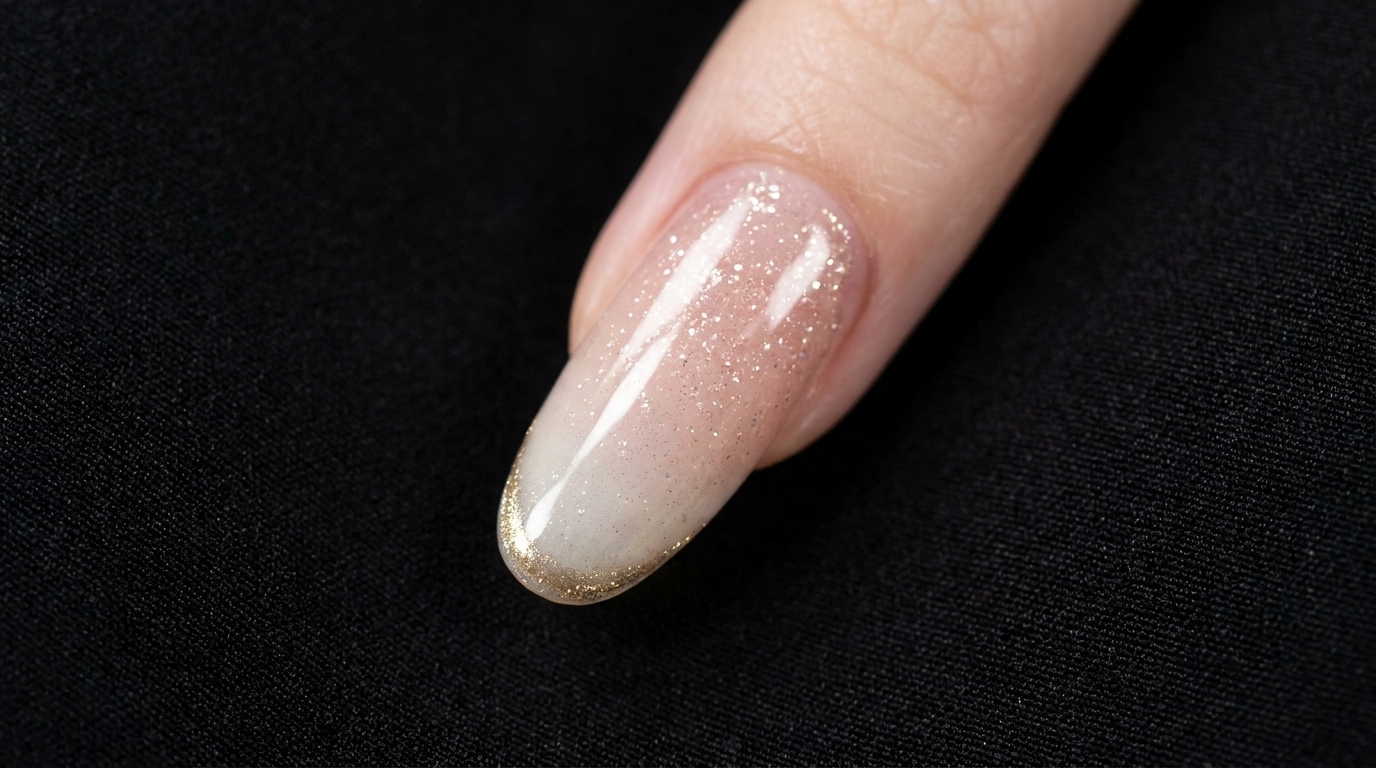 A close-up shot of the finished fingernail featuring a soft white-to-nude-pink gradient base, accented with delicate shimmering snow-velvet glitter and a touch of gold chrome powder at the tip.