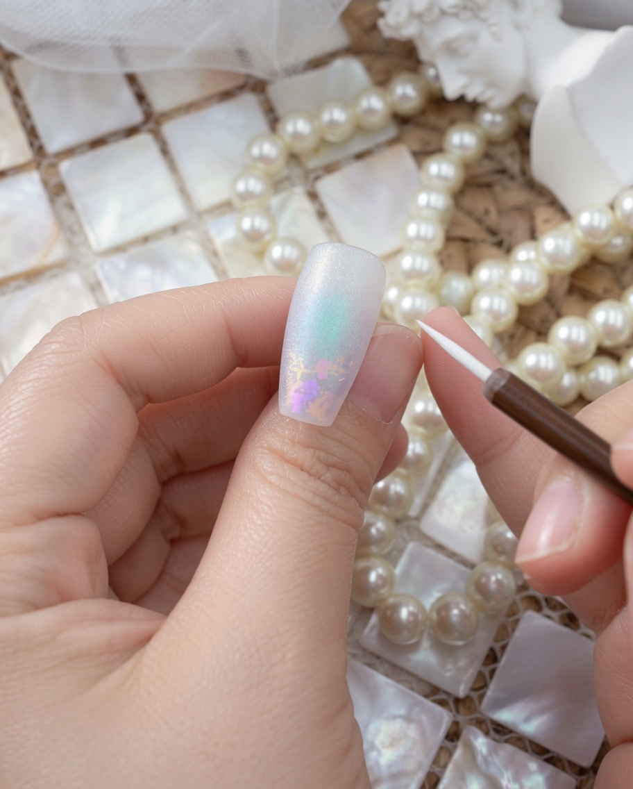 A fine liner brush painting a small white flower design onto a matte-finish nail.