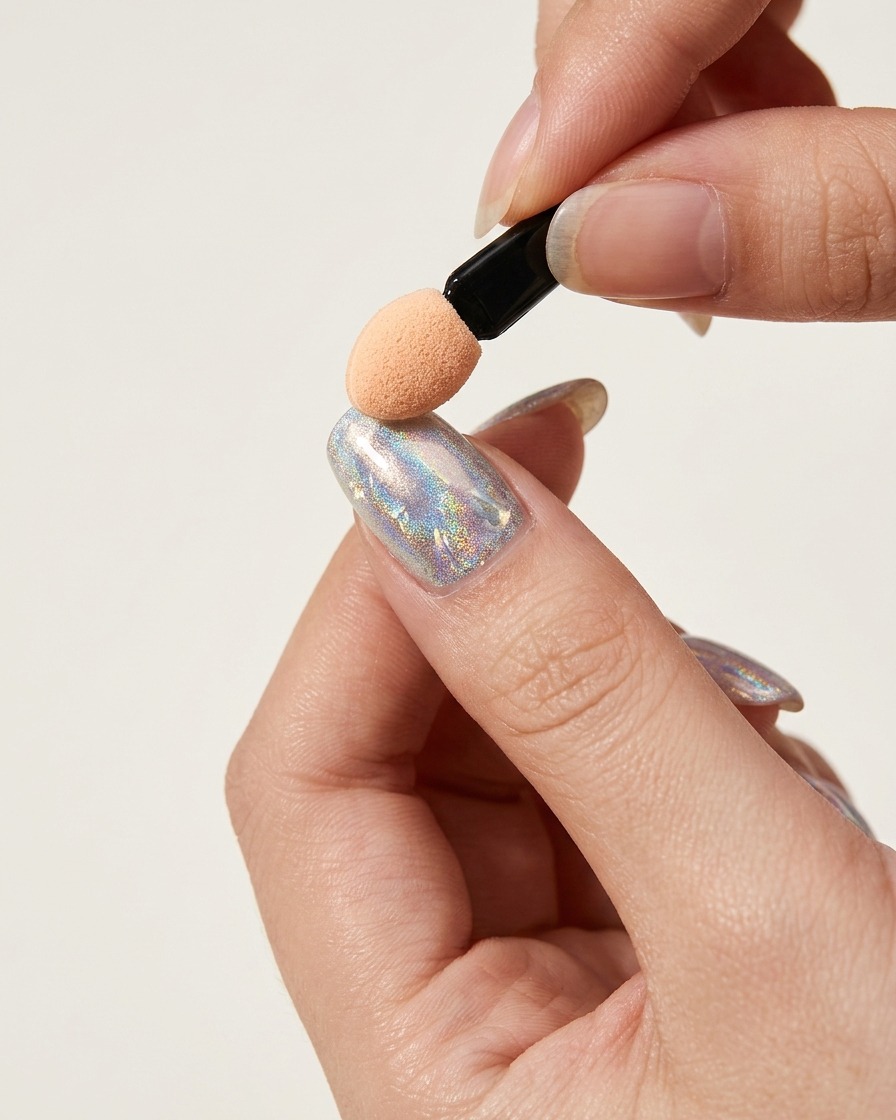 An eyeshadow-style sponge applicator being dipped into a container of iridescent aurora chrome powder.