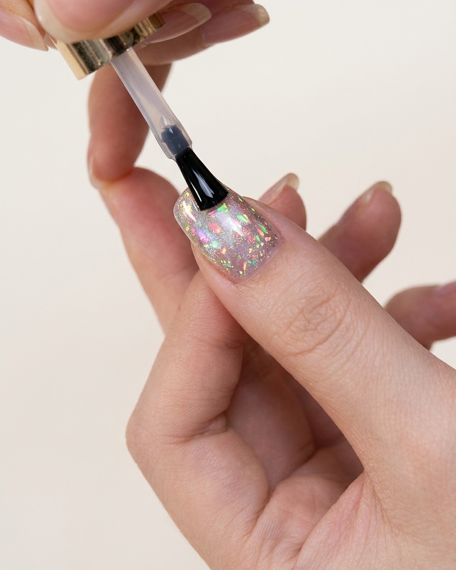 A hand with finished cat-eye and butterfly charm nail art placed inside a professional UV nail lamp for the final curing process.