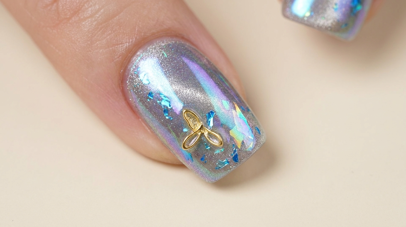 Finished sunset cat-eye gel nails featuring iridescent blue flakes, a gold butterfly charm, and an ethereal aurora chrome gradient finish.
