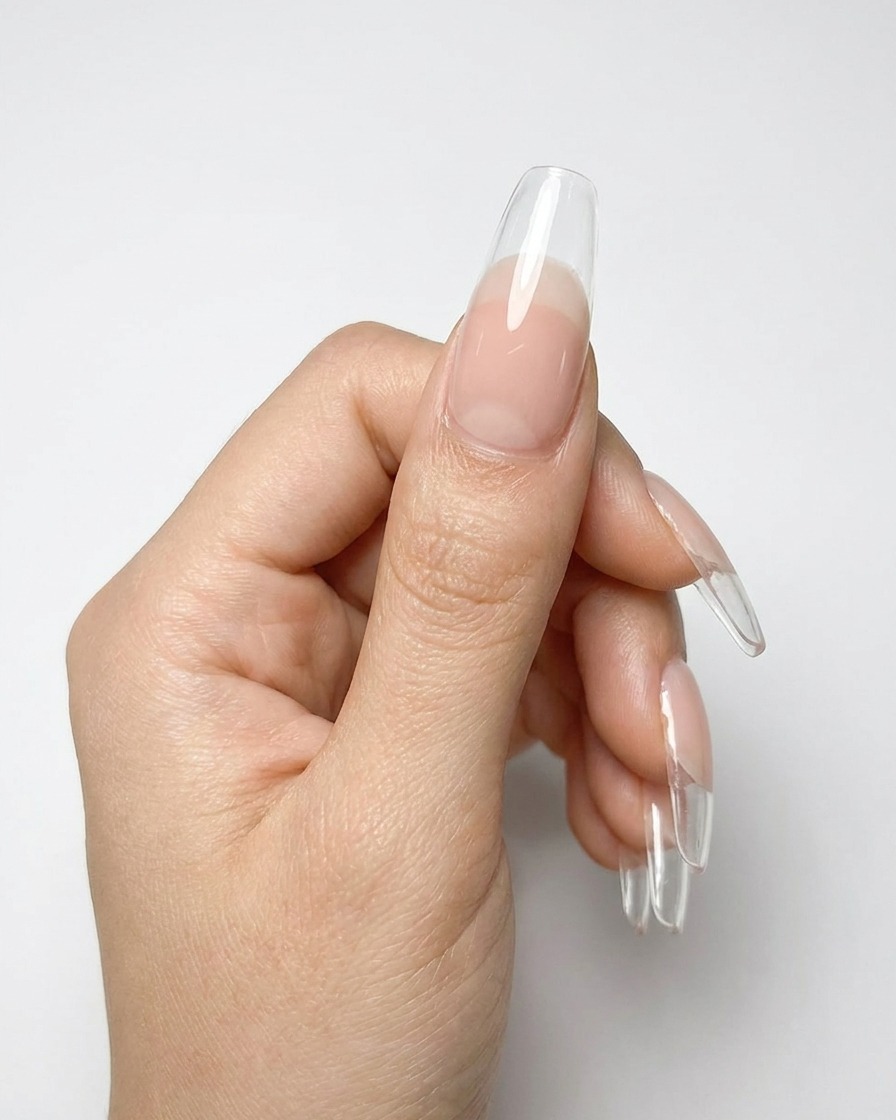 A hand positioned under a professional UV lamp with the nude gel polish curing.