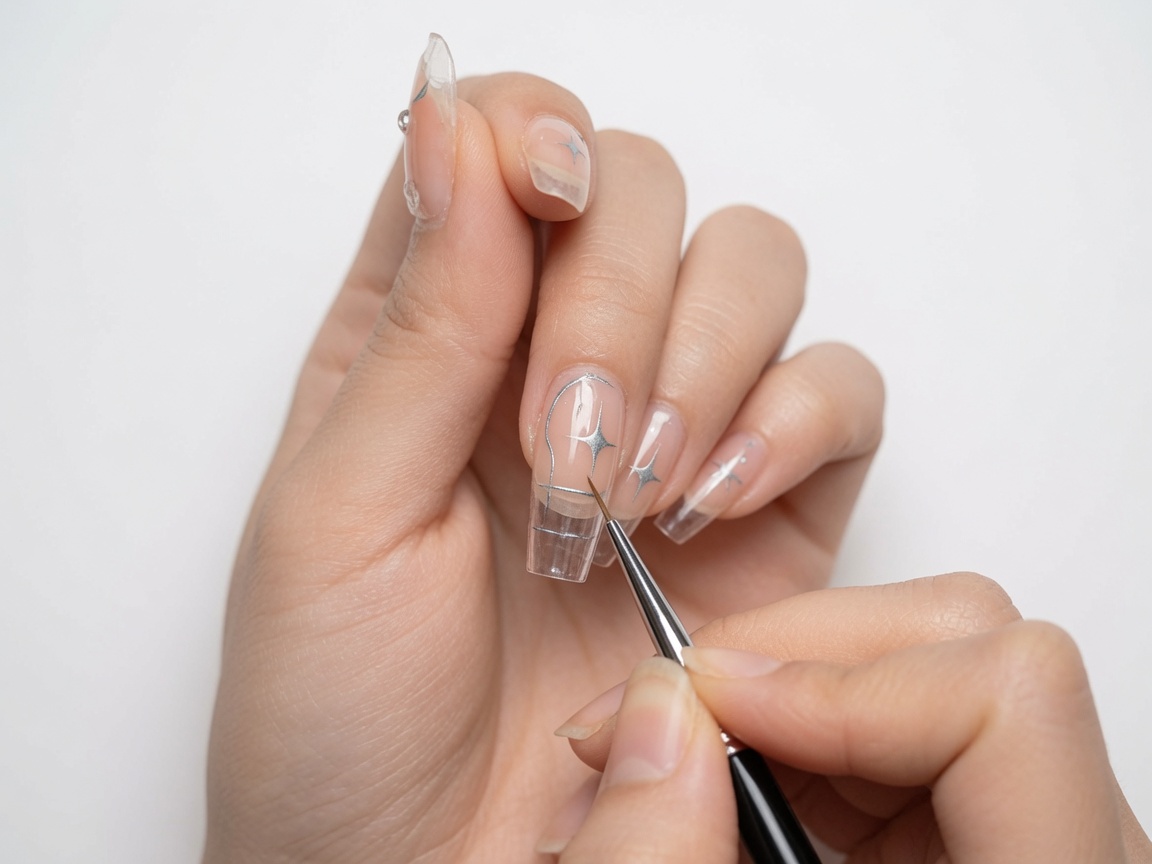 A nail artist using a fine liner brush to fill in the metallic silver star design on a nude nail.