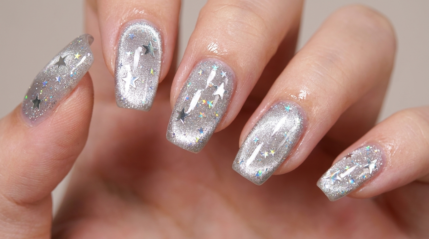 Silver Galaxy Star Cat Eye Nails — Step-by-Step Tutorial