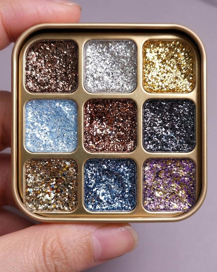 A fine liner brush picking up a small amount of silver glitter gel from a cosmetic palette.