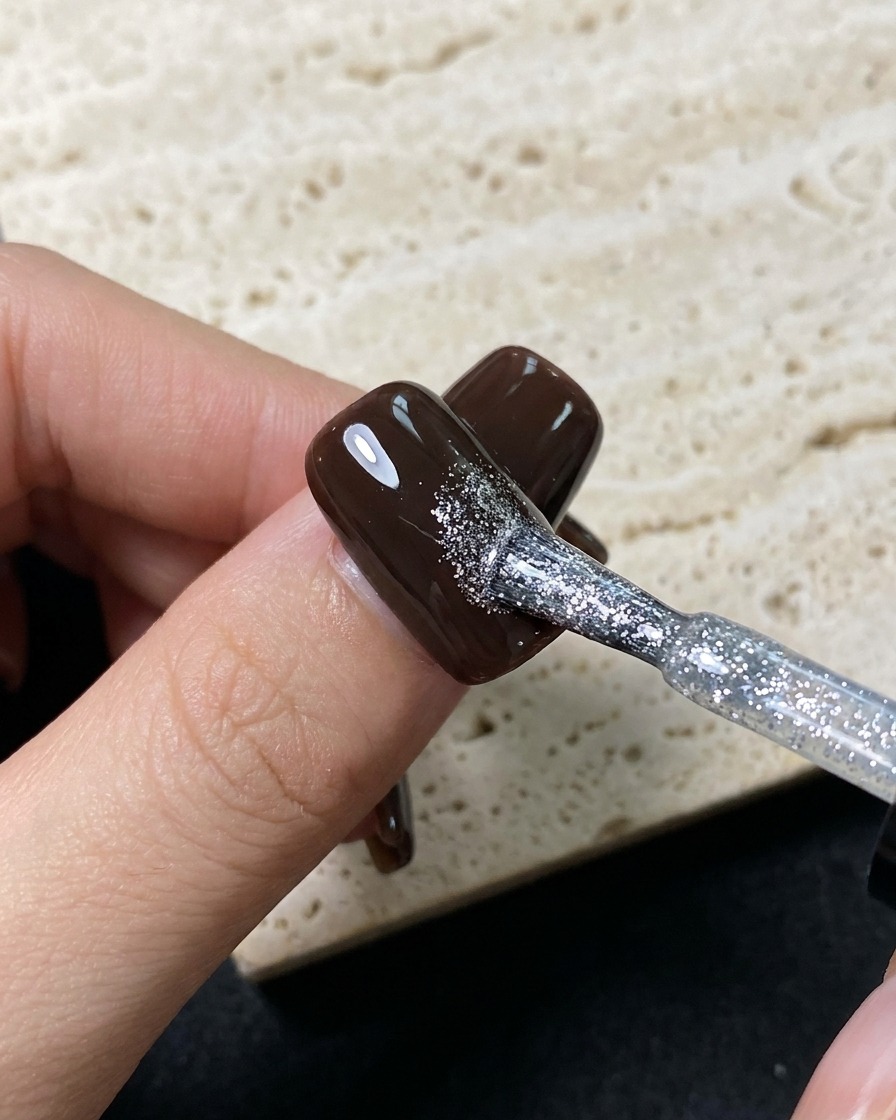 A fine liner brush painting a small silver star on a dark brown gel nail surface.