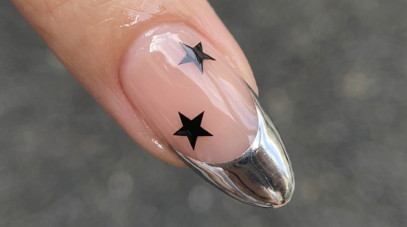 Silver Chrome French Tip and Black Star Nails — Step-by-Step Tutorial